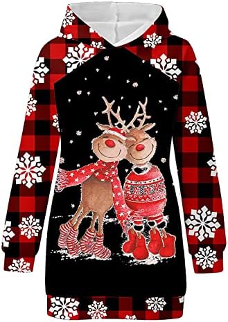 שמלות סוודר עם סוודאות ברדס של נשים טוניקת חג המולד טוניקת סווטשירט אופנה איילים הדפס שמלת קפוצ'ונים מזדמנים