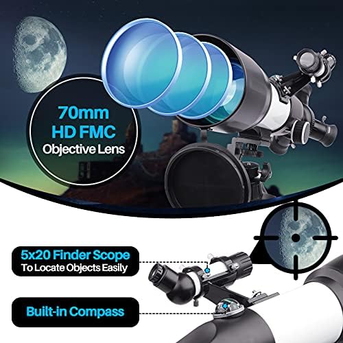 טלסקופ ביבנג למבוגרים וילדים - צמצם 70 ממ טלסקופ רפרקטור של 70 ממ למתחילים אסטרונומיה, 3 עיניים מסתובבות, קל להתקנה