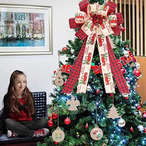 עץ חג המולד טופר גדול משובץ באפלו משובץ קשת מתנה אדומה ושחור לעץ חג המולד קישוטי מסיבת חג בעבודת יד -13 x