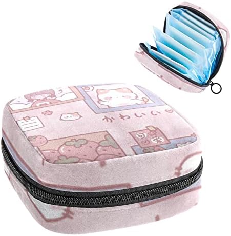 מפית סניטרית אחסון תיק, נייד לשימוש חוזר וסת כרית רוכסן שקיות, טמפון אחסון פאוץ עבור נשים בנות, ילדה חתול תות קריקטורה