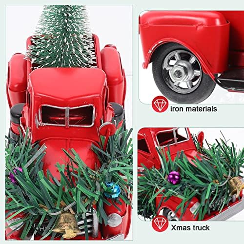 משאית מתכת אדומה של ABAODAM קישוט שולחן חג המולד משאית אדומה עם עץ חג המולד מיניאטורי מתנה לחג המולד
