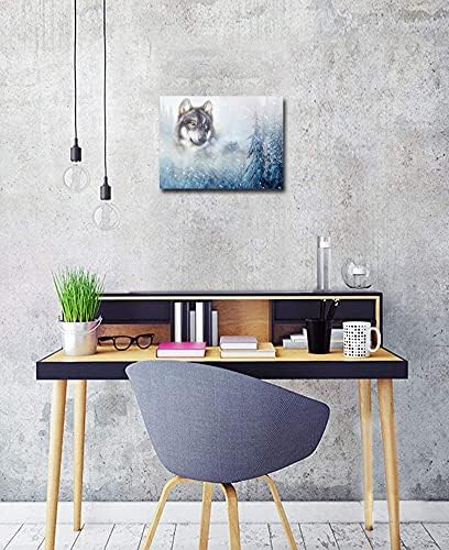 זאב קיר קיר קיר אמנות חיה תמונה של בעלי חיים שחור ולבן זאב כחול יער נוף ציור הדפסים מודרניים מוכנים לתלייה