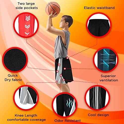 אנרגיה גבוהה בני ספורט מכנסיים קצרים עם כיסים עבור כדורסל, כושר, וספורט, דריפט בכושר ללבוש, בני מכנסיים קצרים 4 חבילה