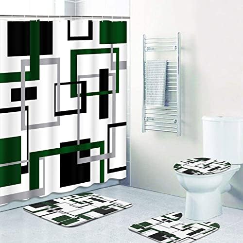 ערכות אמבטיה ירוקות ואפורות גיאומטריות עם וילון מקלחת ושטיחים ואביזרים, מערכות וילון מקלחת שחורות ואפור