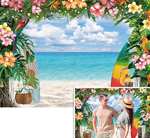 רקע חוף הוואי קיץ טרופי הטרופי שמיים אוקיינוס ​​פרחים עלים דקלים עלייה תפאורת יום הולדת מסיבת יום הולדת אלואה