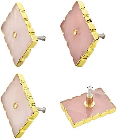 סט של 4 רוז קוורץ קריסטל מגירת ידיות ורוד כיכר דקורטיבי מגירה מושך עם זהב מצופה קצה עבור שידת משתלת ארון ארון