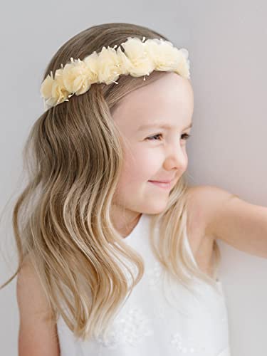 פרח ילדה סרט קרם פרח כתר עבור בנות פעוט כיסוי ראש חתונה שיער אביזרי עבור הקודש הראשון, מסיבת יום הולדת