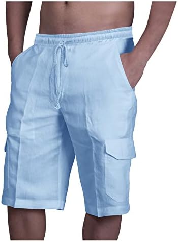 מכנסיים קצרים לגברים רופפים בכושר כותנה מכנסי פשתן מרובי כיס כושר כושר כושר מכנסי חוף מתחת למכנסיים קצרים בברך