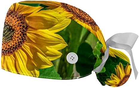 2 חתיכות פרחי חמניות בלום כובע עבודה פרח צהוב בקיץ עם כפתורים, כובע בופנט מתכוונן עם מחזיק קוקו