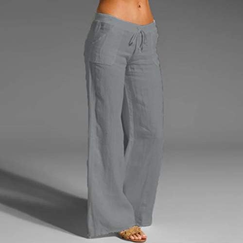 Dsodan Side Slit Slit Palazzo מכנסיים עם כיסים מכנסי פשתן כותנה לנשים מותניים אלסטיים מכנסי רגל רחבים קיץ
