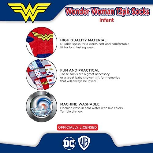 גרביים של בנים ונערות של DC קומיקס - 12 חבילות באטמן, וונדר וומן, סופרמן, ליגת הצדק, גרבי סופר ילדות