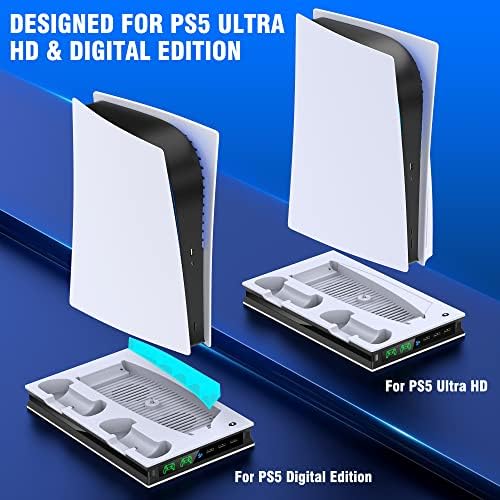 PS5 עמדו עם 2 מאוורר קירור, תחנת טעינה כפולה של בקר PS5 כפול עם 3 יציאות USB נוספות, תחנת קירור PS5 אביזרי PS5 עמדת