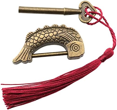 Yhxixi דגים בצורת מנעול רטרו עם מפתח וגדילים, רטרו עתיק עץ עץ עץ נעילה סגסוגת סגסוגת קופסת תכשיטים