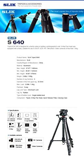 SLIK D-SLR RF מצלמת וידאו נטולת מראה חצובה S640 57 עם ראש פאן תלת כיווני עם תיק נשיאה