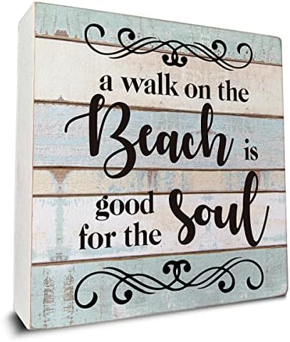 טיול על החוף טוב לנשמה שלט תיבת עץ עיצוב שולחן, תיבת עץ בית חוף שלט לקישוט שולחן מדף ביתי 5 על 5 אינץ