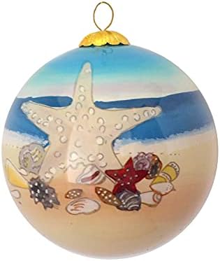 קישוט לחג המולד של זכוכית מצוירת ביד - כוכב ים עם צדפים פלורידה
