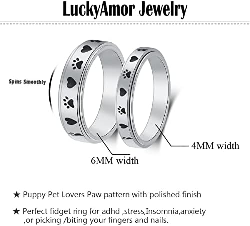טבעת ספינר של Luckyamor לנשים להקלה על חרדה - רוחב 4 ממ מגולף כוכב ירח ואוהבי חיות מחמד גורים טבעת הדפסת כפות