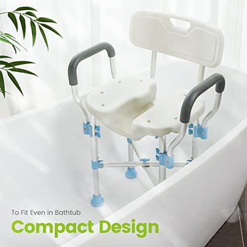 כיסא מקלחת עם משענות יד וגב 300 פאונד, כיסא התאוששות תומך באמבטיה ללא החלקה ומושב מקלחת משודרג בצורת פרסה לקשישים,