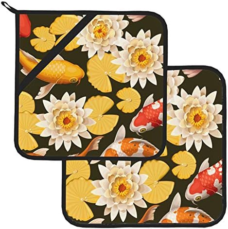 לוטוס מוזהב וסגנון קוי מטבח בסגנון יפני מחזיקי סיר עמידים בחום עם כיסים 2 יחידים רפידות חמות מטבח 8 × 8