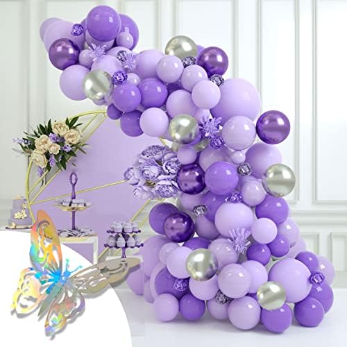 Visondeco Surple Balloon Garland Arch ערכה - 112 יחסי מין בלונים סגולים וכסף עם פרפרים, קשת בלון סגולה לקישוטים למסיבות