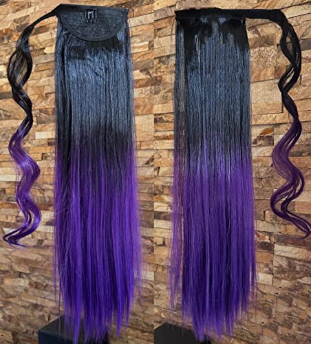 ישר לעטוף סביב קוקו שחור סגול אומברה שיער הרחבות 22 סנטימטרים ארוך פאה עבור נשים ילדה מתנה, ישר - טבעי שחור