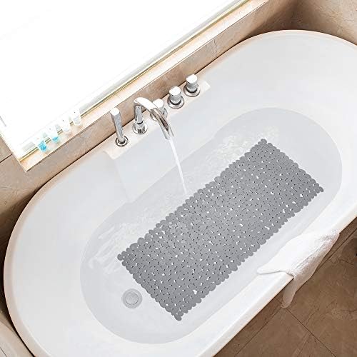 מחצלת אמבטית חלוקי עץ עץ, 35X16 אינץ 'מחצלת אמבטיה לא אמבט מקלחת עם חורי ניקוז וכוסות יניקה, מחצלות אמבטיה רחיצות
