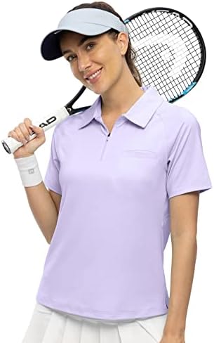 חולצות גולף פולו של נשים יסנטו צווארון שרוול קצר רוכסן חולצות טי יבשות מהירות עם כיסים