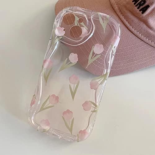 מארז טלפון פרחי Aeilene לאייפון 14 פרו מקס, יפני קוריאני חמוד 3D צלול ורוד קצה גלי צבעון פרח טלפון עם עמדת