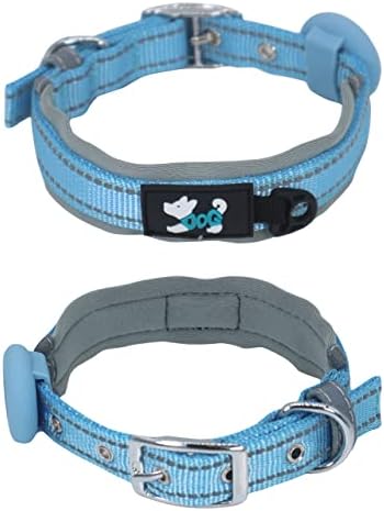 צווארון כלבים חמוד מרופד רך אוורני עם מחזיק תגי אוויר, צווארון מחמד מתכוונן כחול רפלקטיבי לכלבים קטנים בינוניים גדולים - גודל
