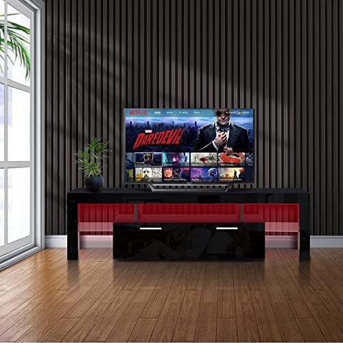 עמדות טלוויזיה שחורות של Addjy עם נורות LED מרכז בידור טלוויזיה ברק גבוה לטלוויזיה בגודל 70 אינץ