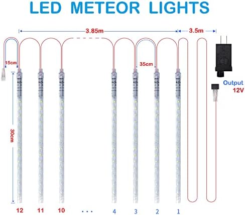 אורות גשם מקלחת מטאור של ויקדיו, 30 סמ 12 צינורות ספירלה 360 נוריות LED 3.85 מ 'מואר אורך אטום אטום למים נורות LED לחתונה עץ