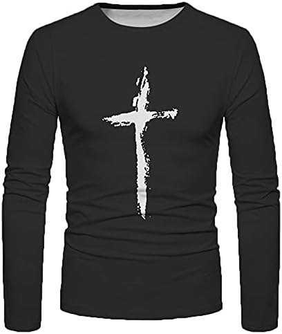 חולצות טריקו של שרוול ארוך של XXBR לגברים, רחוב ספרינג 3D אמונה ישו ישו צולב אתלטיקה מודפסת שרירים שרירים צוואר צוואר