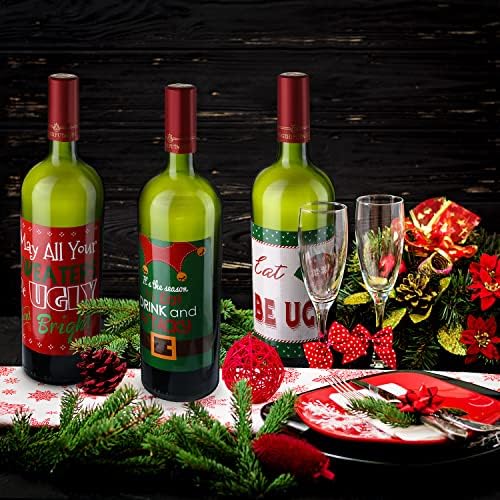 12 חלקים לחג המולד מסיבת חג המולד קישוטים לבקבוקי יין, מדבקות תווית בקבוקי יין חג המולד חג המולד של כיסוי בקבוק יין סט מתנה