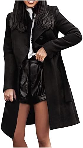 מעיל טרנץ 'לנשים מגרש דש כפול חזה מעילי אפונה עבה בצבע אחיד ז'קט אמצע חגורה עם כיסים