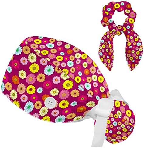 כובעים רפואיים של Muooum כובע עבודה מתכוונן עם כפתורים ושיער קשת פרח אירופאי פרח