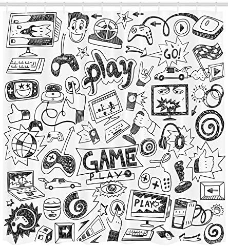 משחקי וידאו משחקי וידאו וילון מקלחת, סקיצה מונוכרום בסגנון משחק עיצוב משחקים מירוץ מירוץ צג מכשיר גאדג'ט נוער שנות