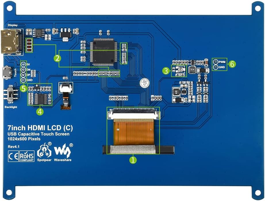 WaveShare 7 אינץ 'HDMI LCD IPS מסך מגע קיבולי 1024 × 600 צג תצוגה עבור כל REV Raspberry Pi 4B/3B+/3B/2B/B+/A+/אפס,