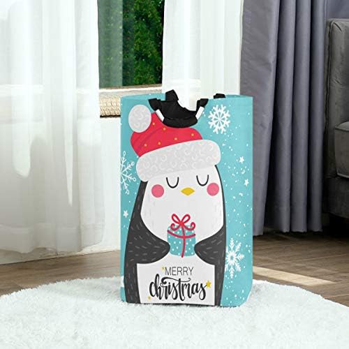החג שמח פינגווין ב אדום סנטה כובע עם פתית שלג כוכב על כחול גדול שק כביסה סל קניות תיק מתקפל פוליאסטר כביסת