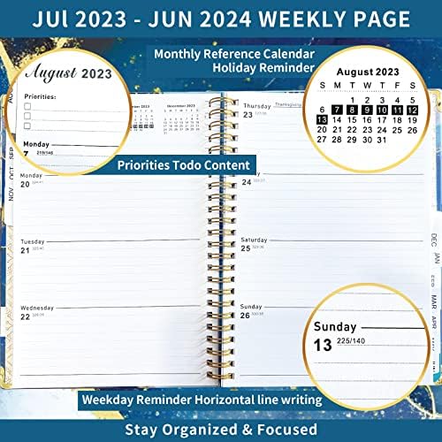 מתכנן 2023-2024, יולי 2023-יוני 2024 מתכנן חודשי שבועי, 6.4 x 8.5 מתכנן אקדמי שיש כחול כהה עם סגירה אלסטית, כרטיסיות מצופות,