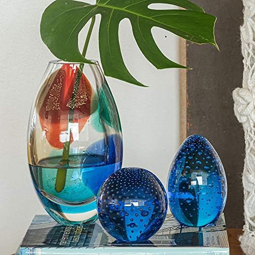 Cá d'Ooro זכוכית ביצה גדולה משקל נייר כחול עם בועות ביד זכוכית אמנות בסגנון מוראנו לשולחן עבודה, תפאורה וקולקציות