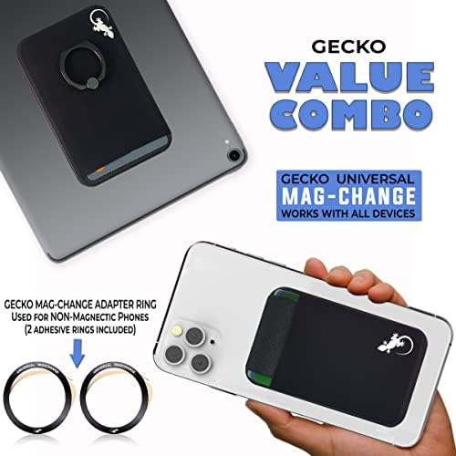 GECKO מאובטח ארנק מגנטי אוניברסלי MAGSAFE לכל טלפון - מחזיק כרטיסי רצועת בטיחות - שימוש עם iPhone 12 13 Mini Pro - טבעת