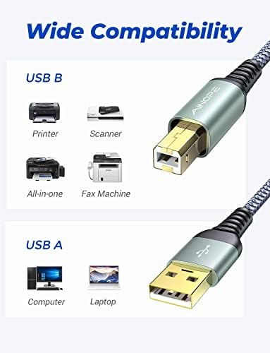כבל מדפסת USB של Ainope, כבל מדפסת USB 16ft/5 מטר USB לעולם אל תקרע USB 2.0 סוג A זכר ל- B סורק זכר מהירות גבוהה עבור HP, Canon,
