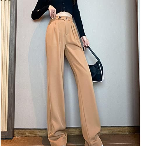 נשים ישר רגל רופף עסקי מכנסיים מקרית גבוהה מותן שמלת מכנסיים כפתור למטה למתוח חליפת מכנסיים עם כיסים