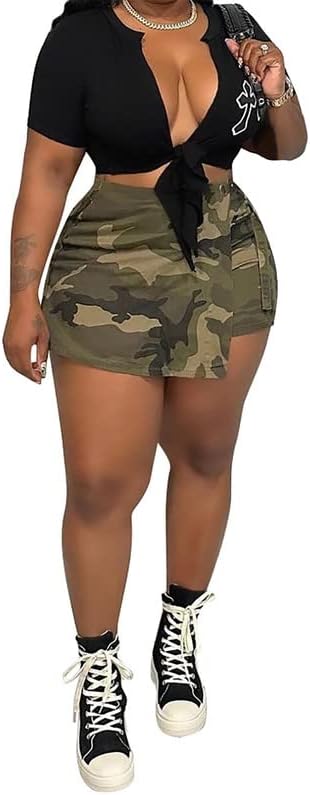 Lrosey Camo CAMO ירוק יבול עליון טנק חולצה ועייפות צבאית מכנסיים מיני חצאית לנשים