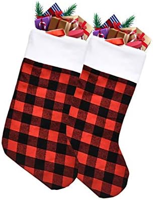 Ifoyo 2 חבילה גרבי חג המולד, חג המולד אדום שחור שחור גרביים משובצים, אח תלויים גרביים לחג המולד לחג המולד לחג חג