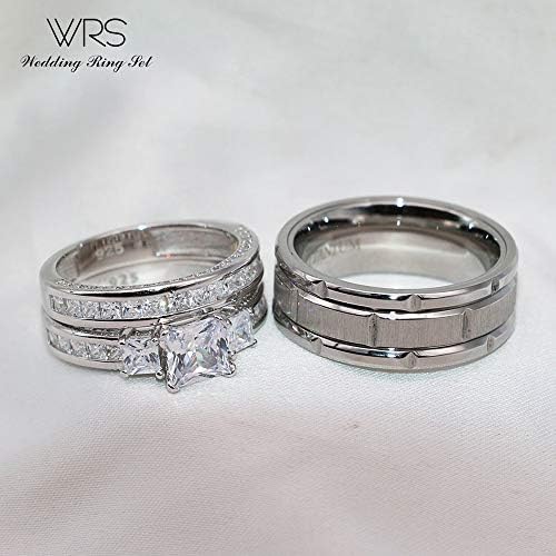 טבעת נישואין סט שלה זוגות התאמת טבעות נשים 10 קראט זהב לבן מלא כיכר חתונה אירוסין טבעת כלה סטים & מגבר; גברים של טונגסטן