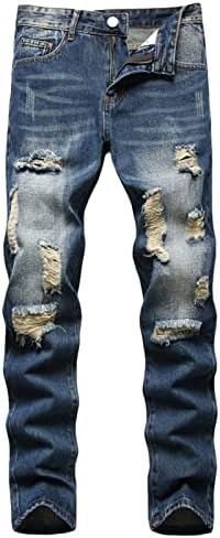 מכנסי ג'ינס קרועים מזדמנים של גברים במצוקה רזה מתאימים מכנסי ג'ינס ישר מכנסיים קלאסיים הרסו מכנסי ז'אן