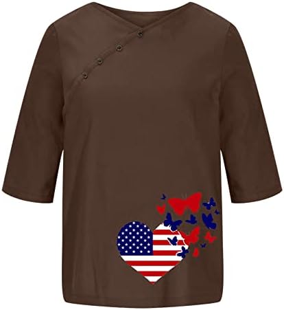 יום העצמאות כותנה פשתן נשות דגל אמריקאי הדפס 3/4 חולצה שרוול כפתור צוואר כפתור 4 ביולי טי פטריוטי