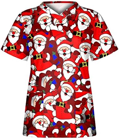 חג המולד חולצות לנשים קצר שרוול צווארון סוודר חולצות אחיד חג המולד מודפס כיסי חולצה טוניקה