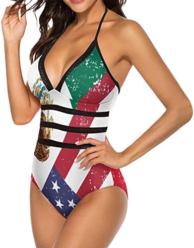 בציר ארהב מקסיקו דגל נשים של חתיכה אחת בגדי ים צוואר ללא משענת בגד ים בטן בקרת הלטר בגדי ים